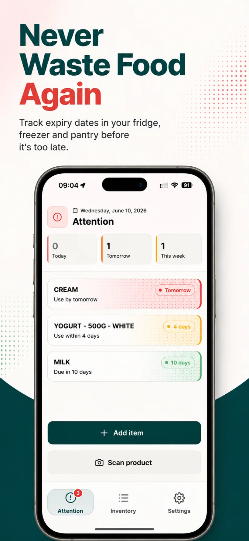 SCADO Attention screen with food sorted by expiry urgency and quick Add item and Scan product actions
