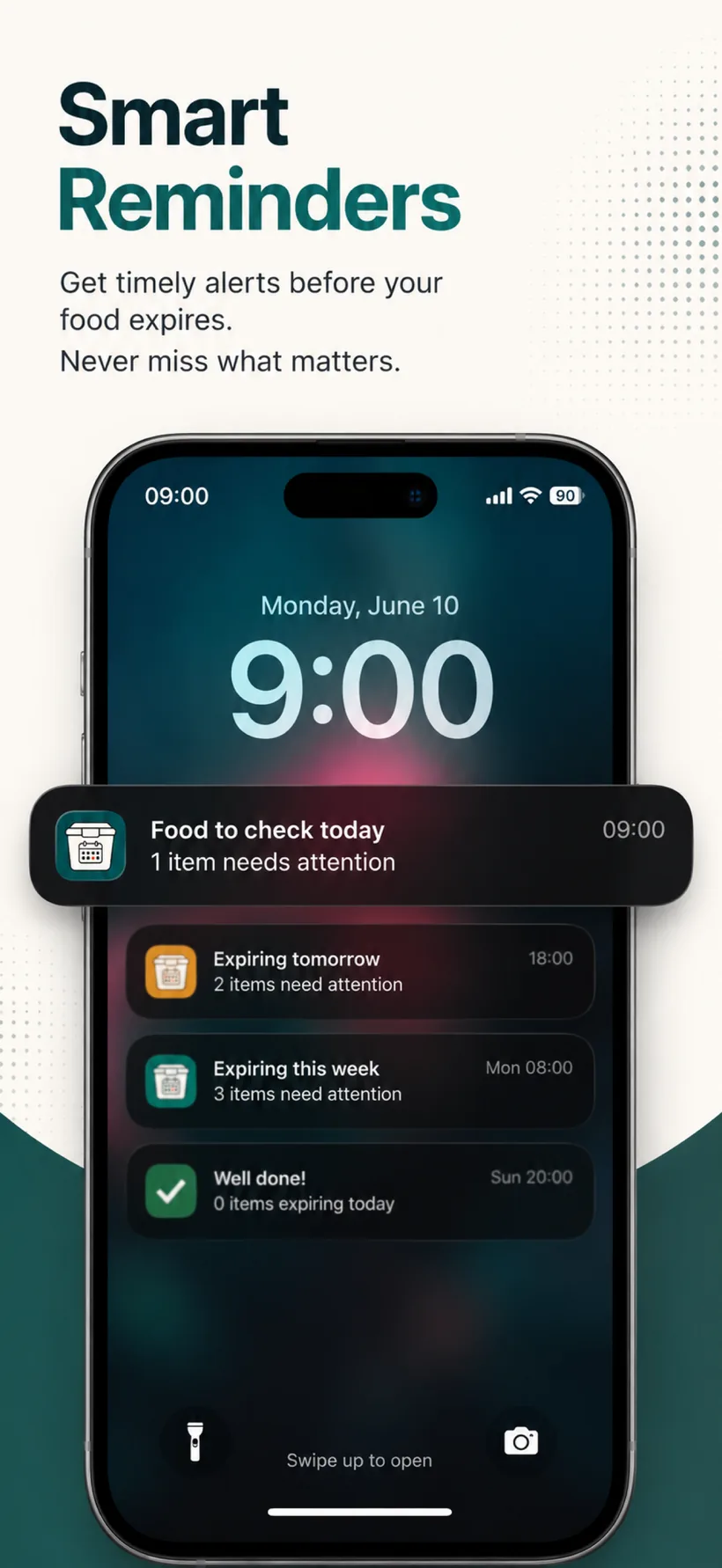 SCADO smart reminders shown as grouped expiry notifications on the iPhone lock screen